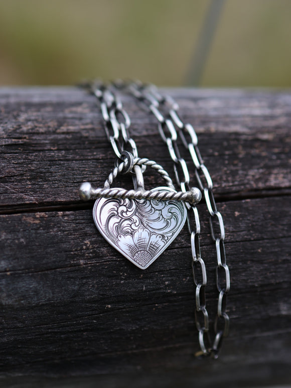 Engraved heart toggle necklace