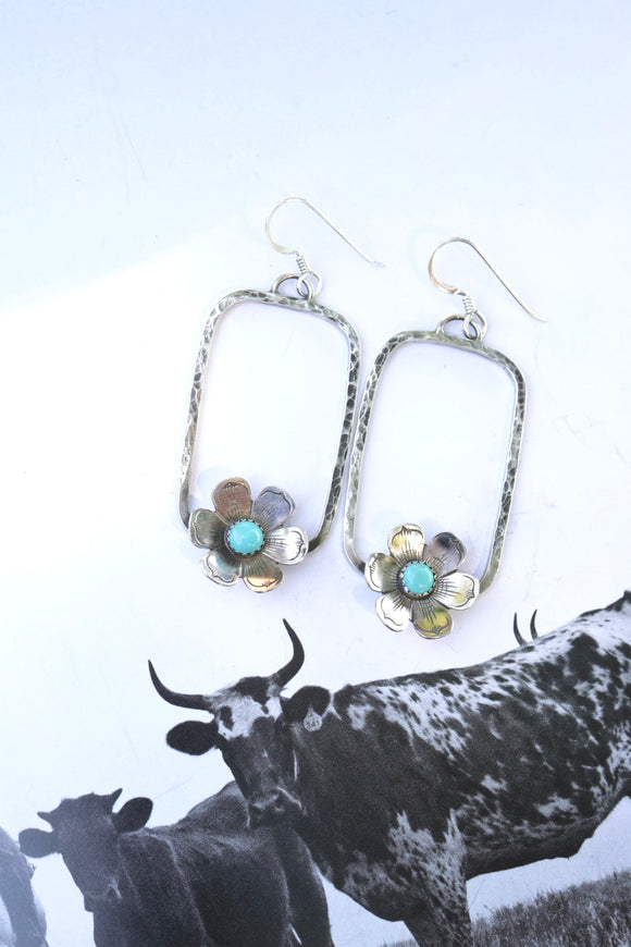 Rectangle Hammered Flower Hoops