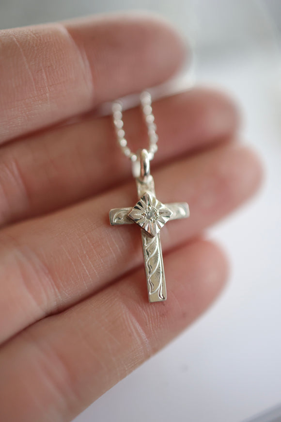 Engraved CZ cross necklace